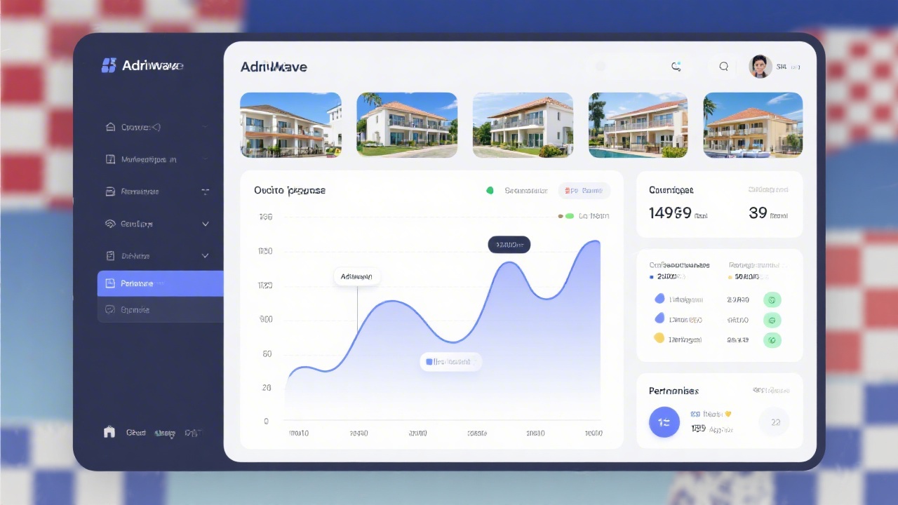 Dashboard interface of AdriWave showing multi-property occupancy graph, reservation pipeline, rate management panel, and performance cards tailored for Croatian hospitality operators.