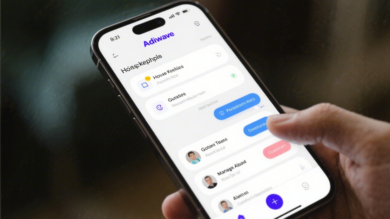 Smartphone displaying AdriWave mobile interface with housekeeping tasks, guest messages, and maintenance alerts for property teams.